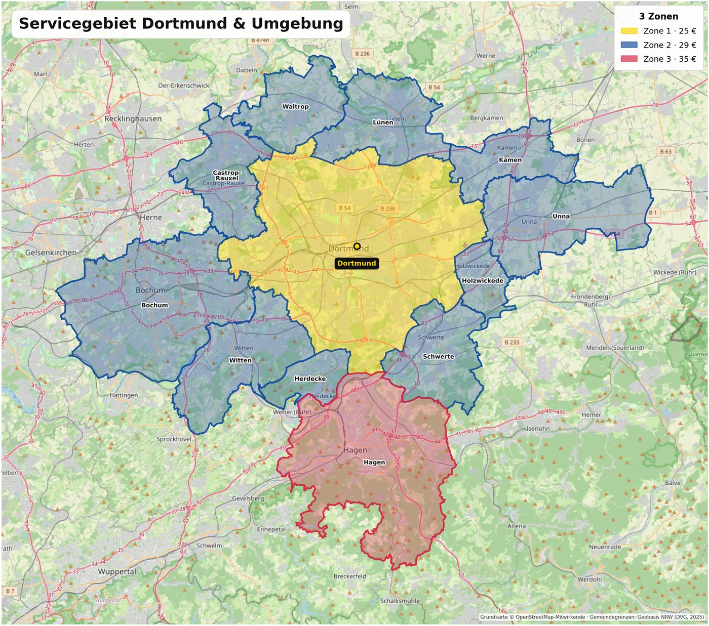 Servicegebiet mit drei farbig markierten Zonen auf einer Karte mit Gemeindegrenzen