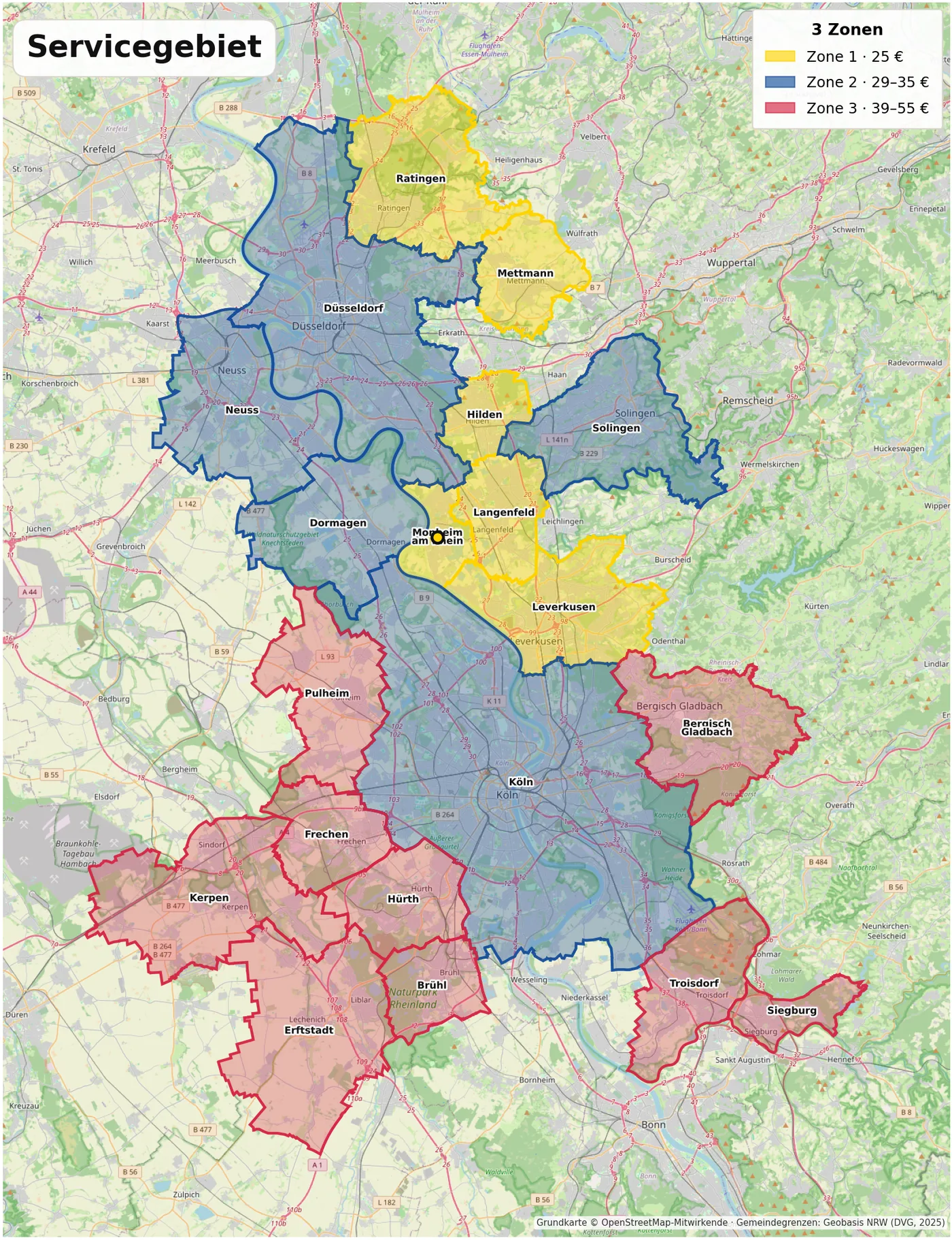 Servicegebiet mit drei farbig markierten Zonen auf einer Karte mit Gemeindegrenzen
